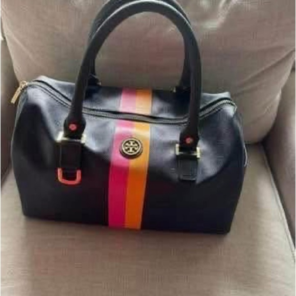 Tory Burch Navy Doctor Satchel with Pink and Orange Stripes